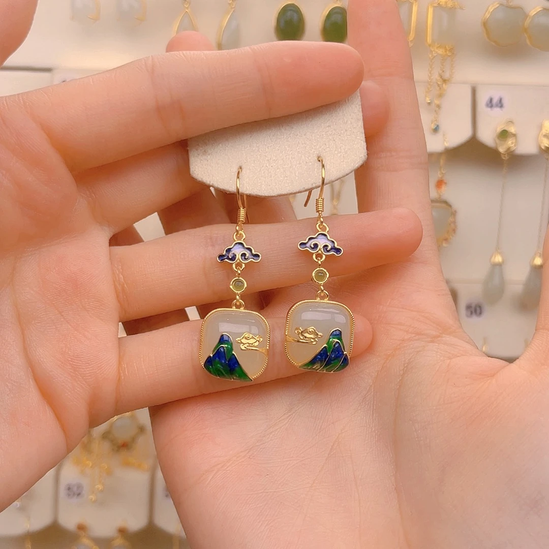 和田玉耳饰银S925镀金镶嵌