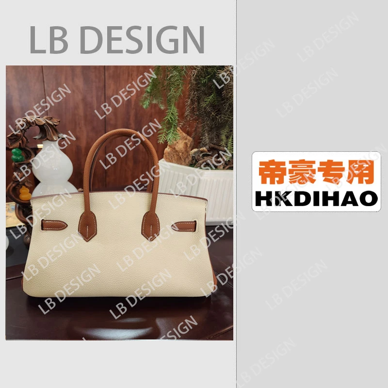 DESIGN【韩横版BK29白配棕30CM】手工打造真皮高端定制女士包