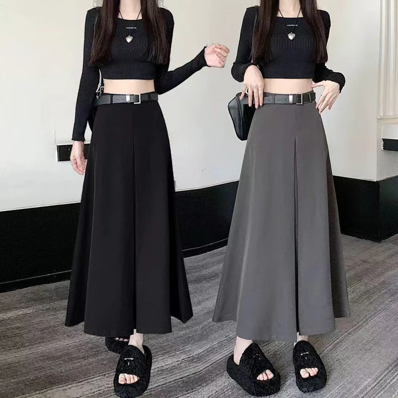 KALUOLAI/卡洛莱黑色复古毛呢半身裙女秋冬新款胖MM显瘦遮胯长裙