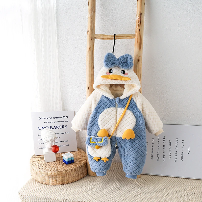 宝宝冬款衣服加绒夹棉婴儿连体衣可爱小鸭子新生儿保暖外出服送包