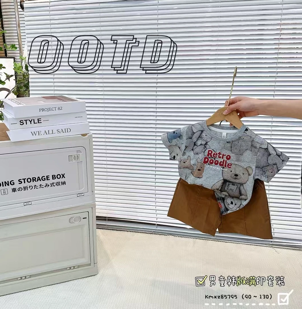 2025时尚小熊薄款字母夏季卡通常规休闲儿童套头韩版洋气夏款套装