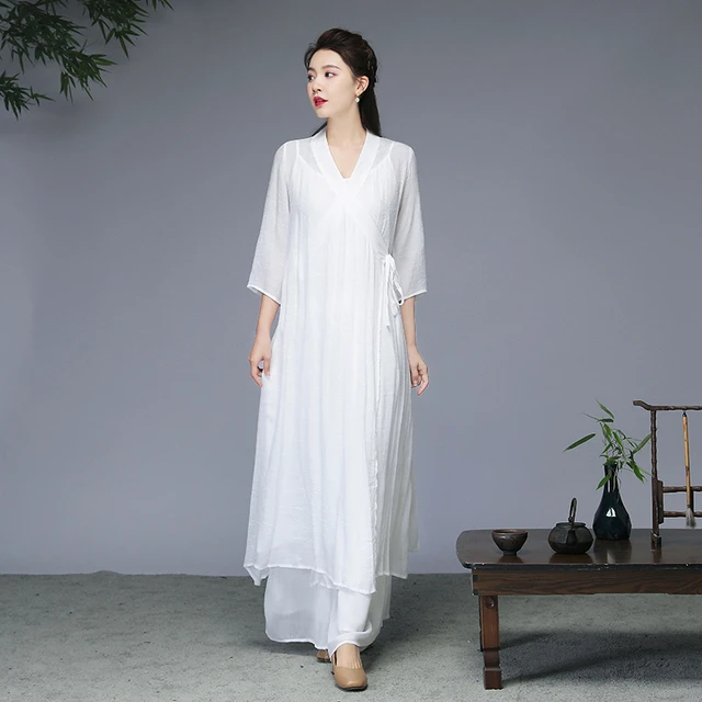 中式禅服仙气长裙子夏季宽松显瘦交叉领汉服系带收腰七分袖连衣裙