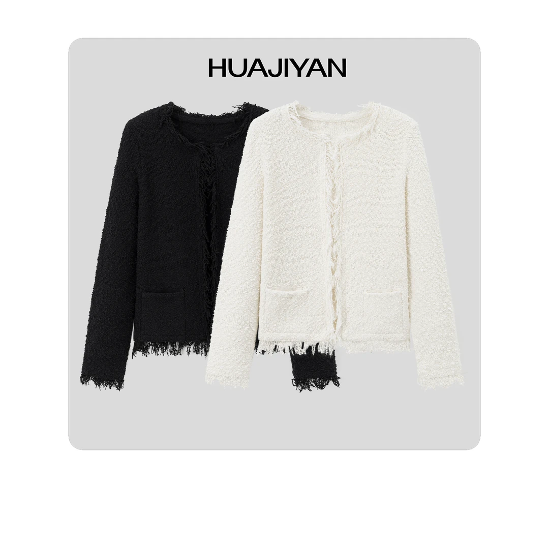 华吉言/HUAJIYAN【墨白】经典粗花呢流苏毛边小香风针织开衫小外套