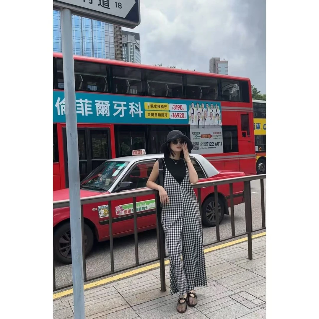 NANAKIKI【经典格子】气质显瘦高腰直筒格子减龄休闲背带裤KK-1124