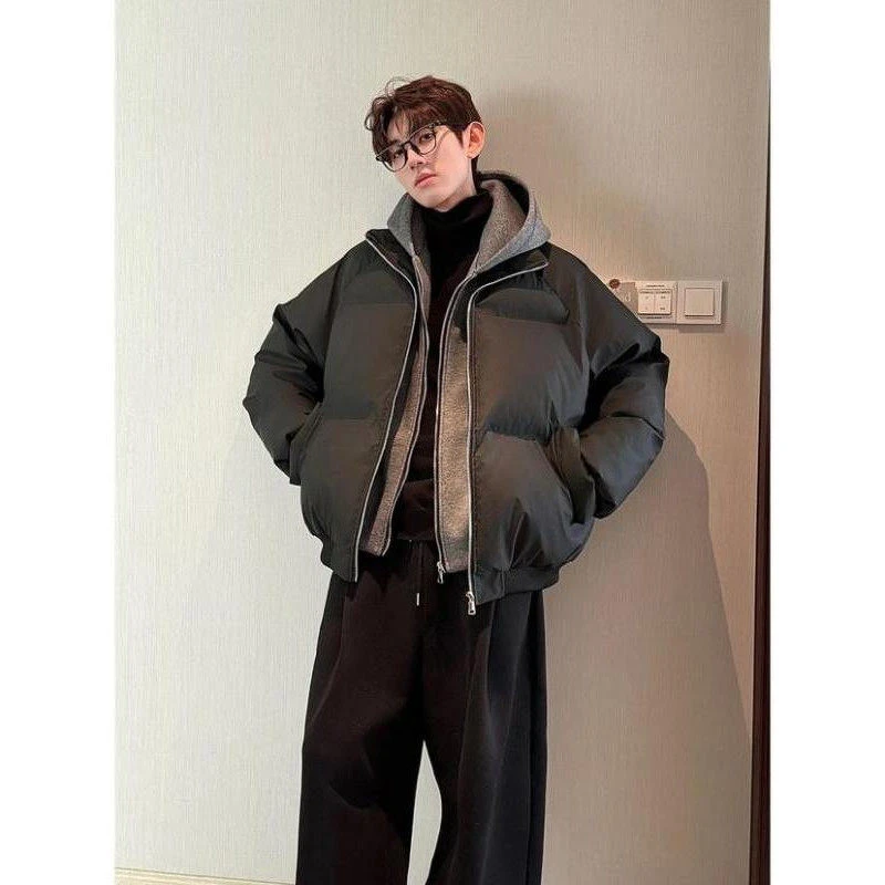 PU皮假两件连帽夹克棉服男冬季美式短款宽松加厚保暖加绒棉衣外套