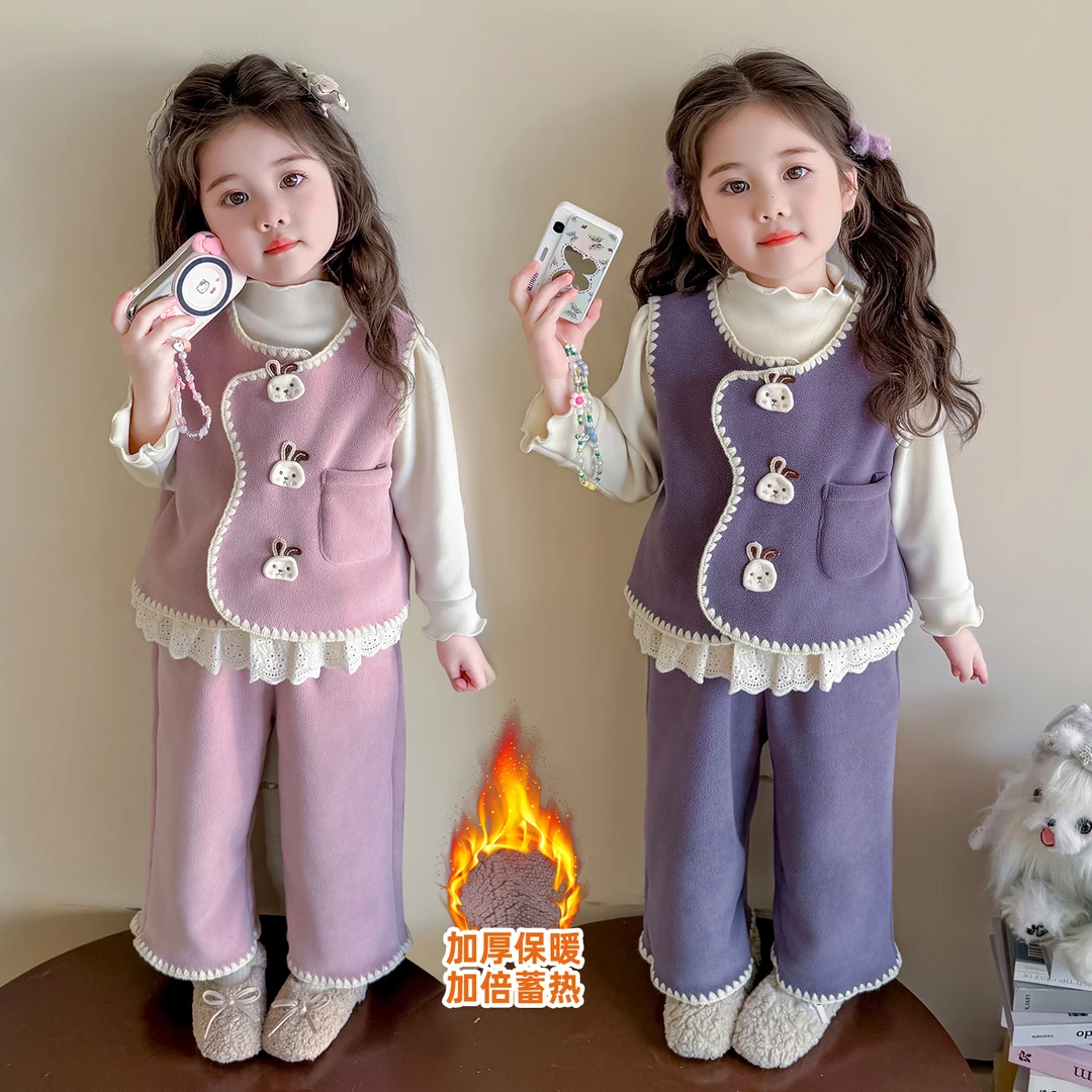 女童加绒套装秋冬2025新款韩版女宝宝卡通马甲三件套洋气冬装儿童