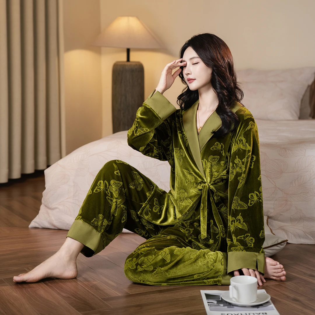 达芬奇密码2025女士新款蝴蝶金钻绒套加厚长袖秋冬家居服保暖套装