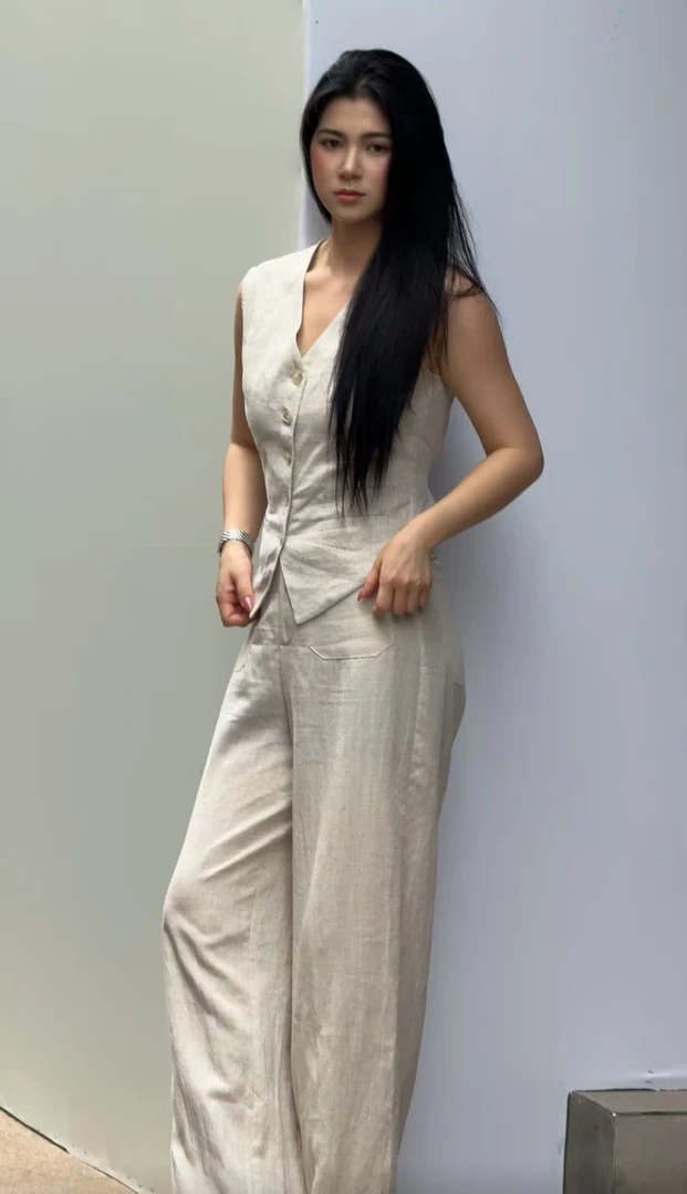 【双口袋】 简约百搭宽松欧洲进口猫眼亚麻纯色高腰直筒休闲裤