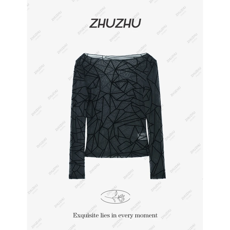 【里约春日】春季新款一字领长袖T恤女网纱设计感打底衫上衣9965