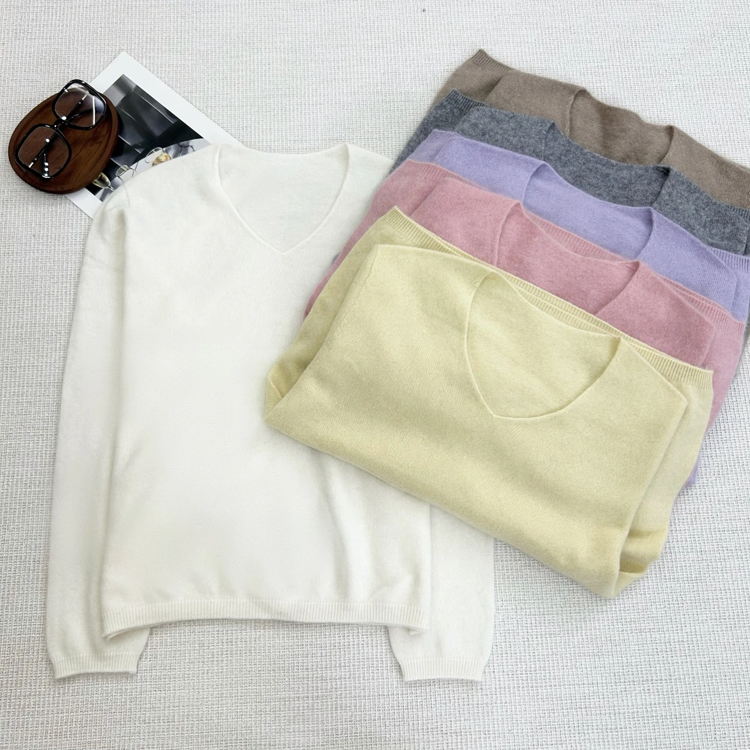 【叶子服饰】秋季新款气质V领多巴胺色系拉毛基础毛衣打底衫7010