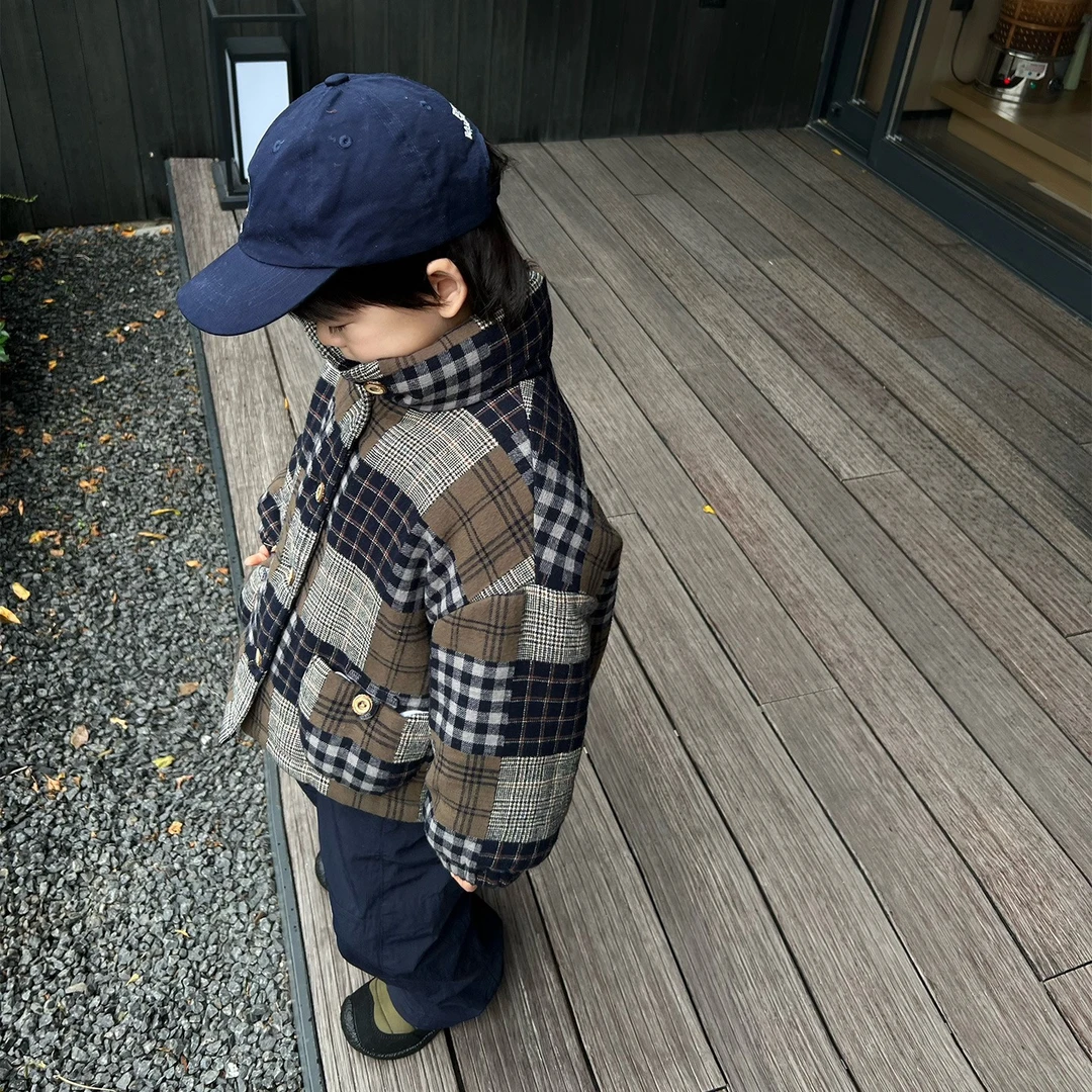 男童洋气外套新款日系复古儿童冬季加棉格子立领加厚保暖棉服外套