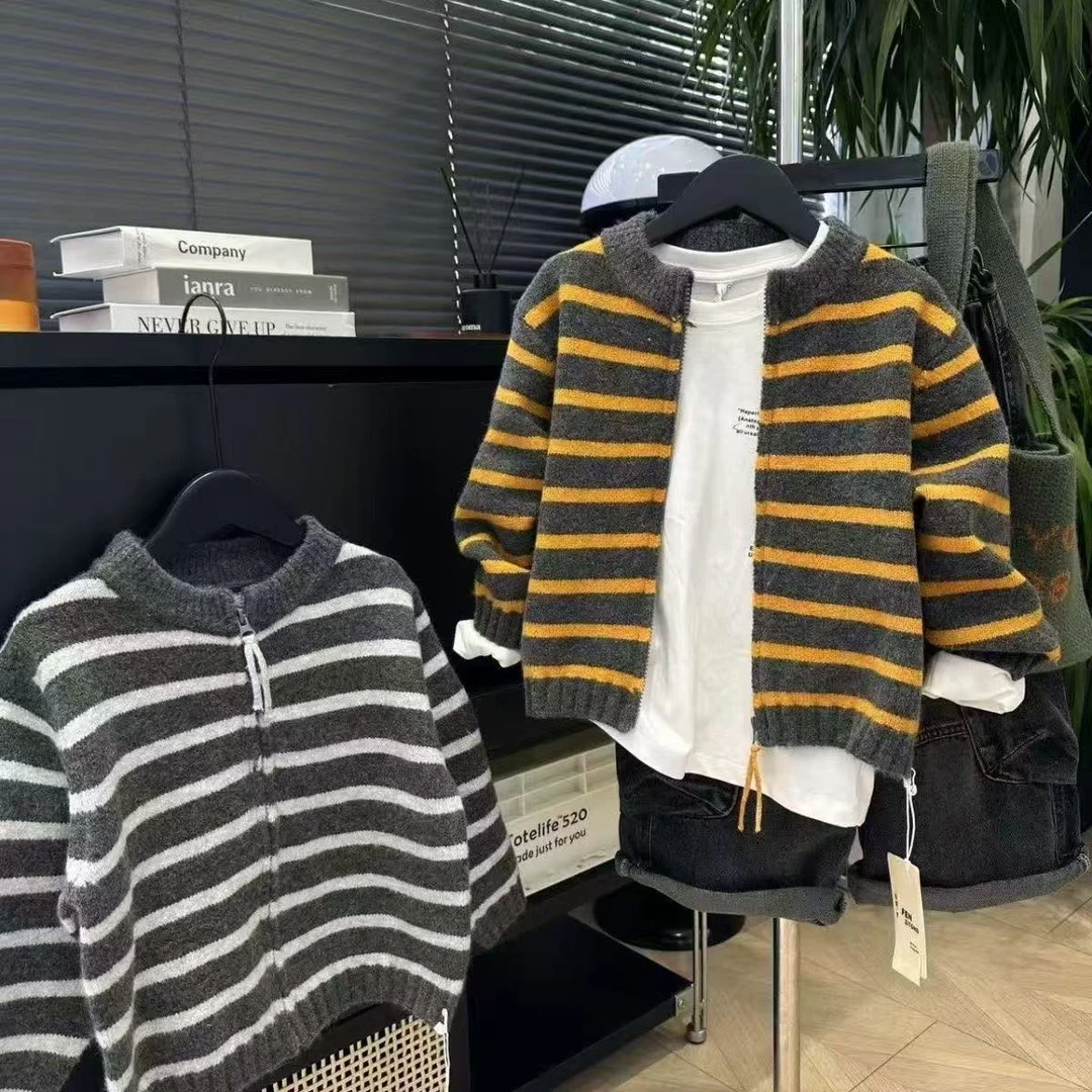 男童条纹拉链针织毛衣开衫中大童春秋装洋气夹色拉链毛衣外套上衣