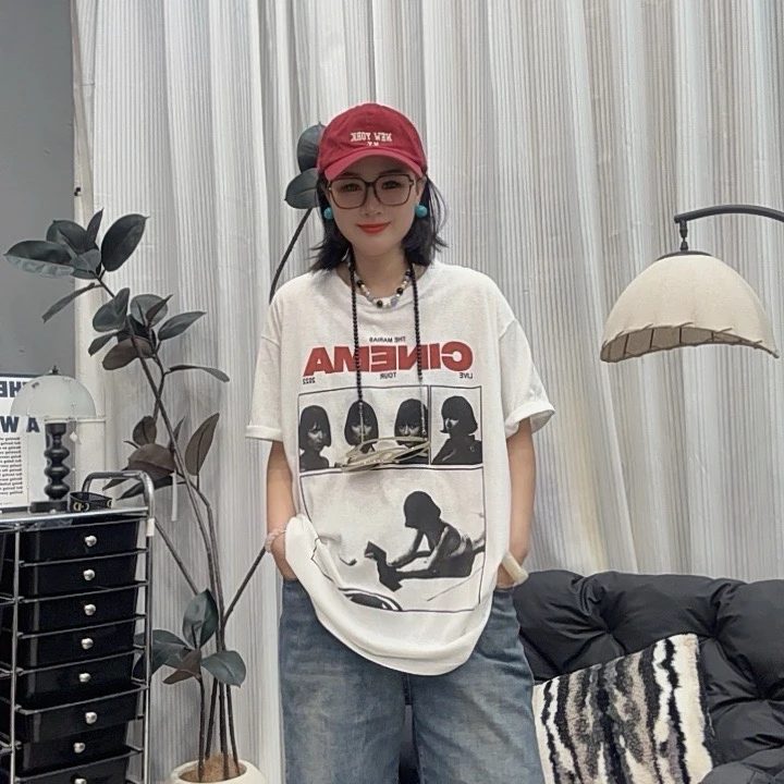 哆唛856222人物韩系风山系风插肩袖印花T恤学生设计感个性韩版