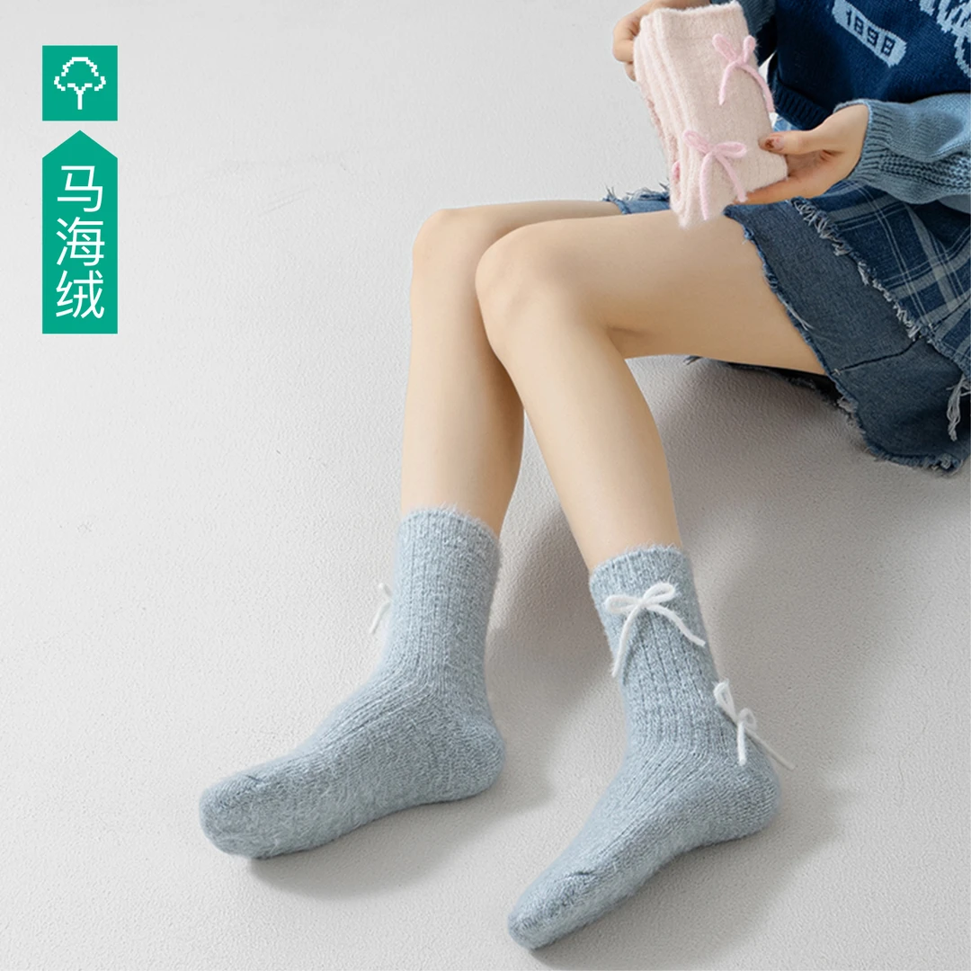 36秋冬季加厚蝴蝶结彩色马海绒女士中筒袜糖果色学院风透气