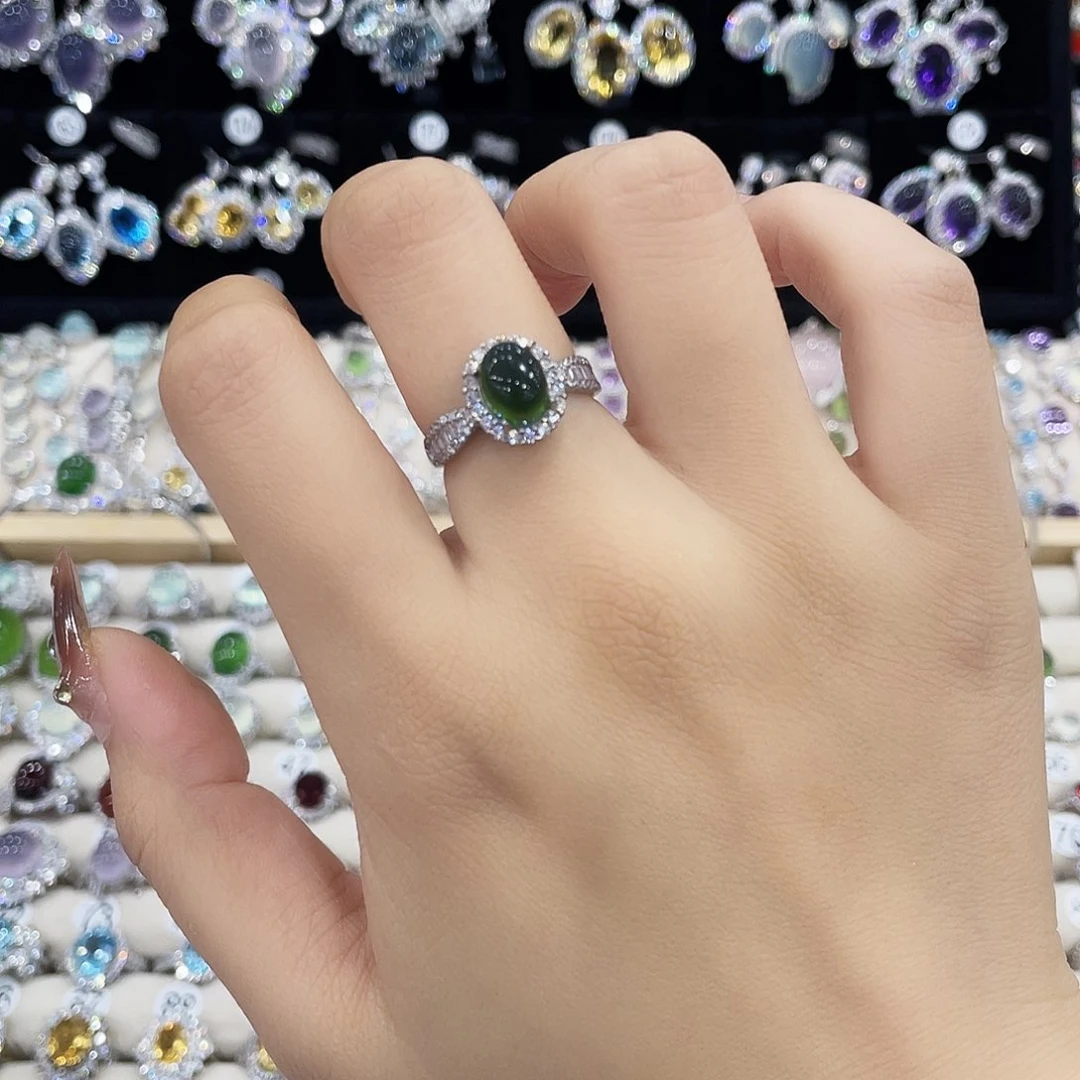 银S925镶嵌蛇纹石玉戒指