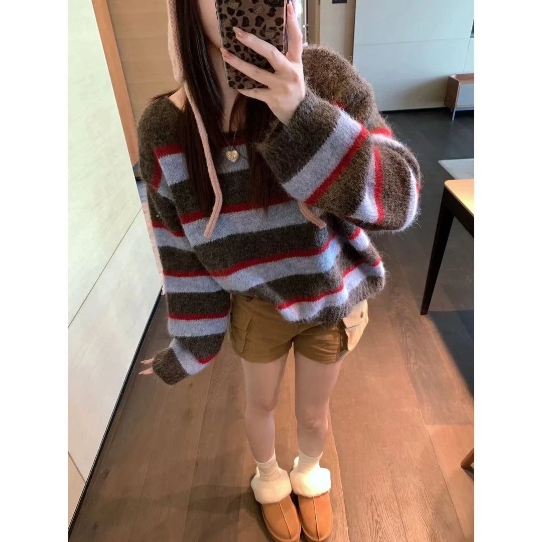 复古撞色条纹套头毛衣女2025新款秋冬高级感慵懒宽松小个子针织衫