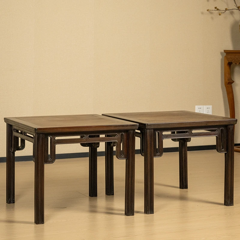 红木镶瘿木攒牙子大方凳（一对）