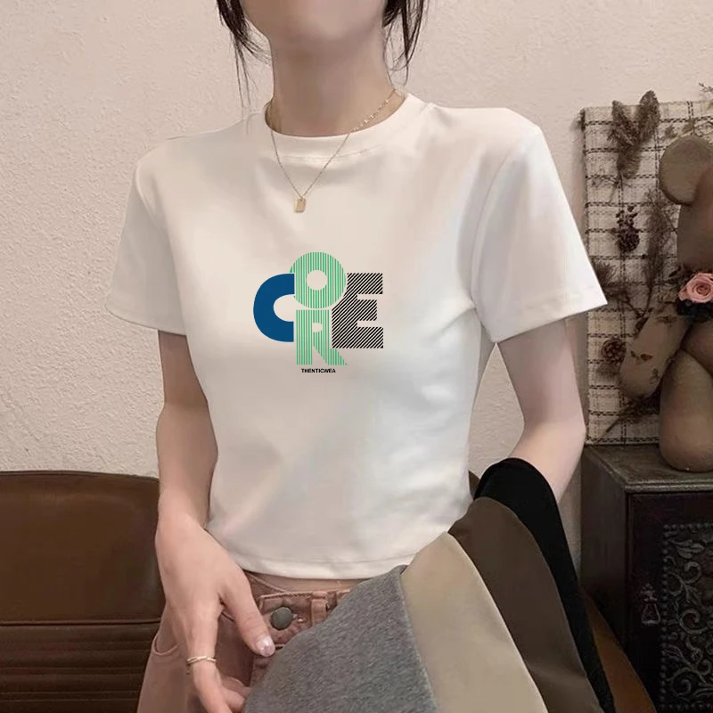 正肩新款圆领修身显瘦短袖t恤2025夏季减龄休闲字母印花女装上衣