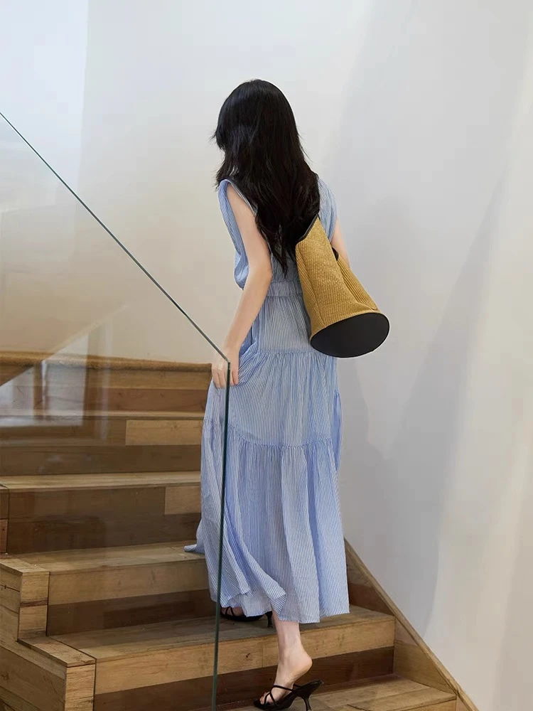 【蔚蓝星河】夏季新款时尚简约百搭条纹绑带连衣裙.Y9094