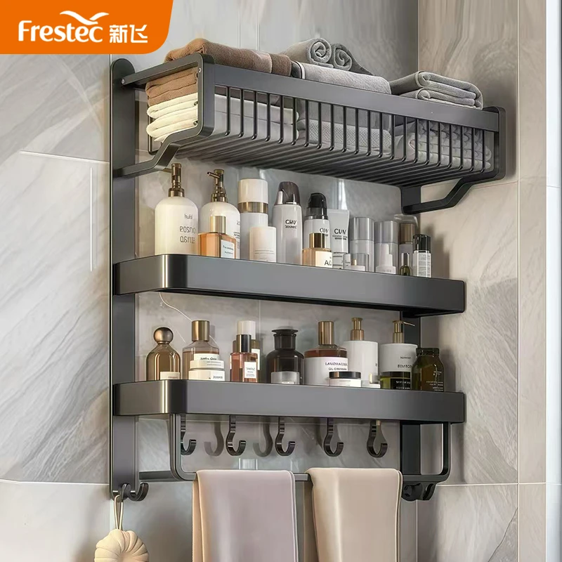 卫生间置物架毛巾架一体浴室免打孔厕所浴巾架子洗手间洗澡间收纳
