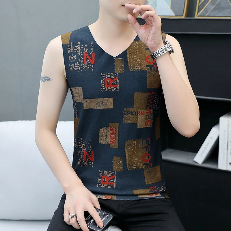 夏季无锁边背心中青年汗衫坎肩印花薄款速干透气男士套头修身夏装