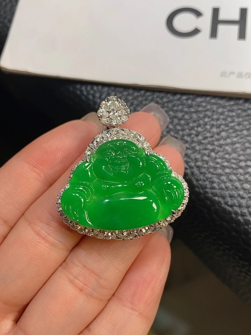 【伊玥珠宝】天然缅甸翡翠A货 阳绿佛公吊坠