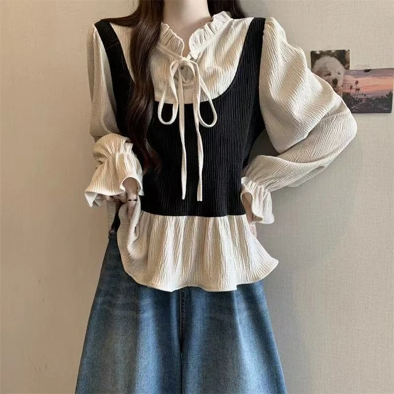 大码秋冬季新款甜美圆领拼色荷叶领系带胖mm显瘦遮肉上衣