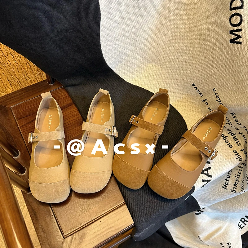 【阿茶】温柔法式~2025春季新款真皮懒人一字带秀气圆头浅口单鞋女