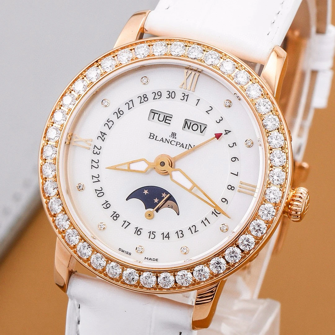 99新 Blancpain 宝珀月亮美人3663-2954-55B女装玫瑰金原钻圈22年