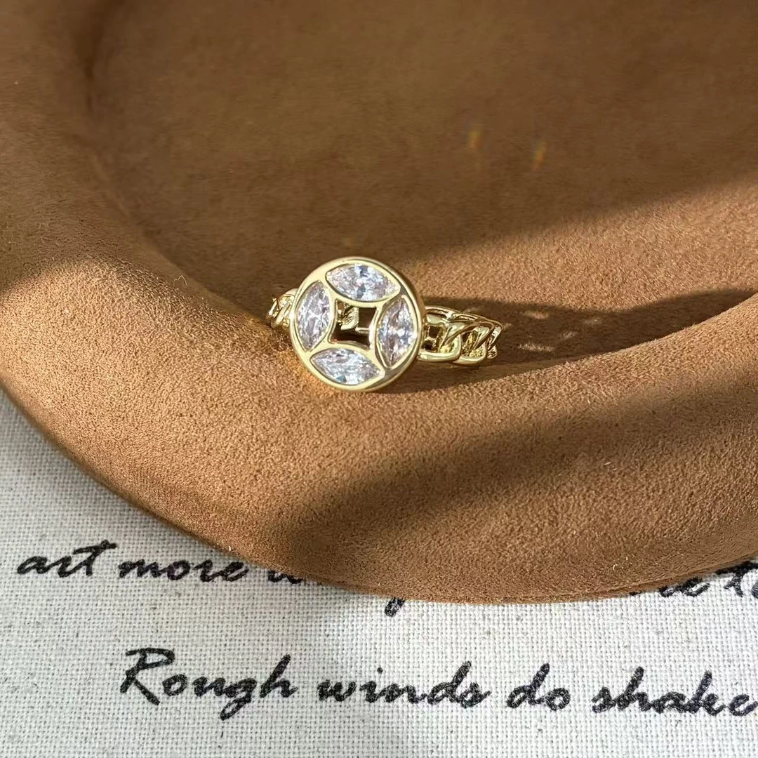 铜合金锆石戒指  远远（YY297）镀K金开口金色钱币