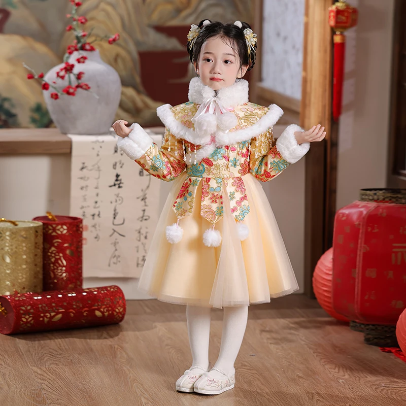 拜年服女童冬装民族汉服中国风唐装女宝宝加绒过年喜庆洋气连衣裙