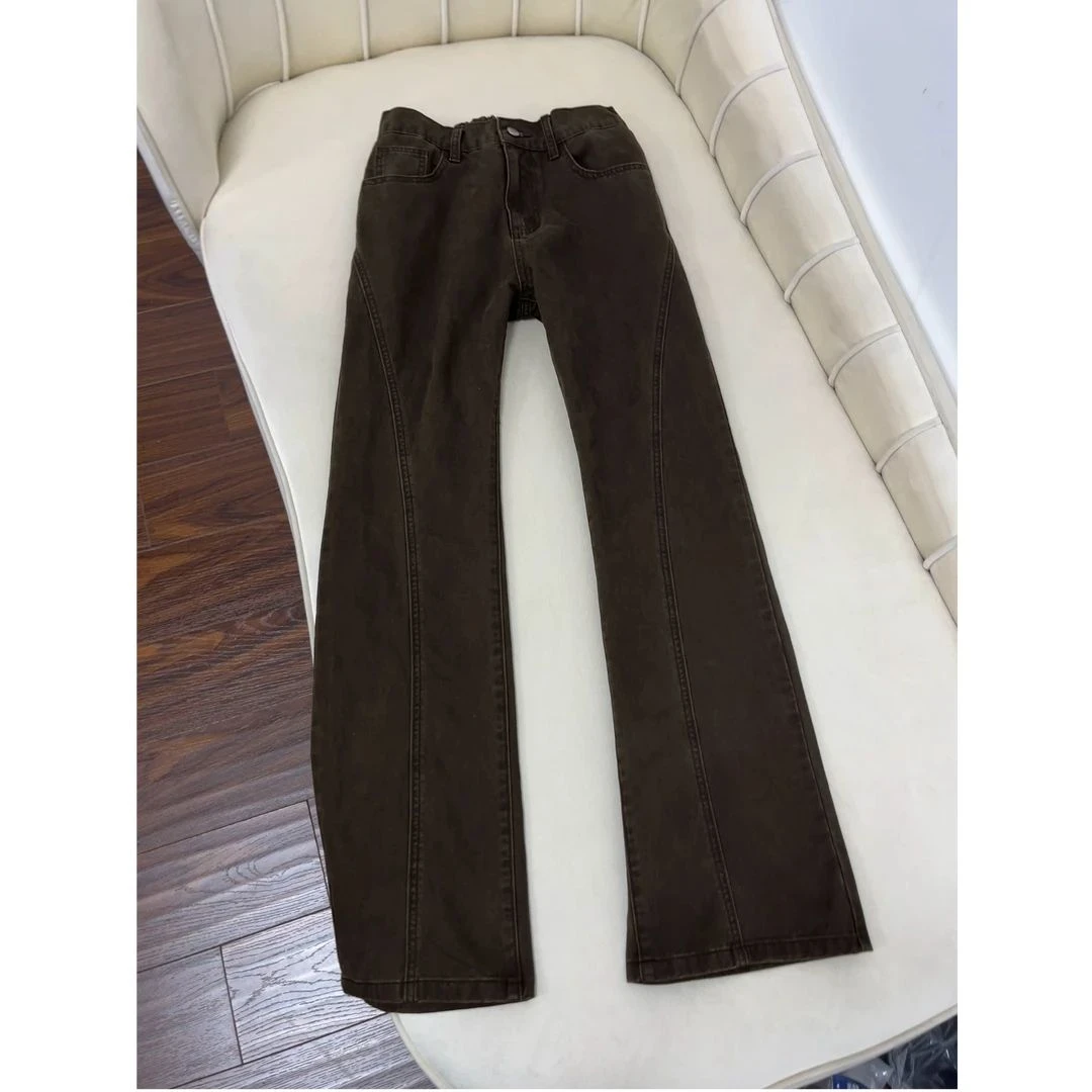 美式复古水洗牛仔裤男款加绒秋冬季加绒直筒微喇斜切工装裤子