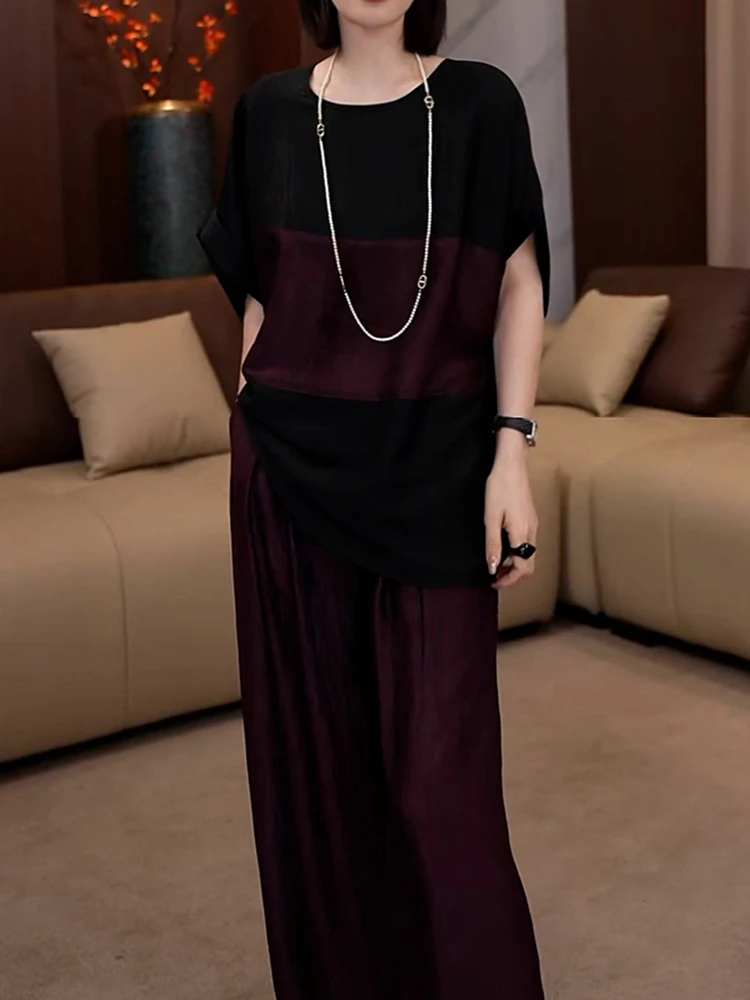 韩系名媛风洋气裤套装女2025夏季新款撞色拼接时尚衬衫+休闲裤子