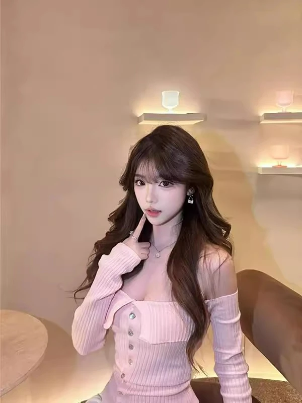 纯欲性感粉色一字肩针织衫女2025新款修身显瘦辣妹内搭打底衫上衣