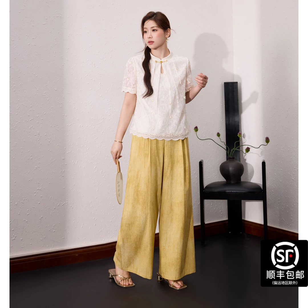 蓝语大码女装新中式绣花短袖小衫显瘦宽松显瘦裤裙夏季套装11051