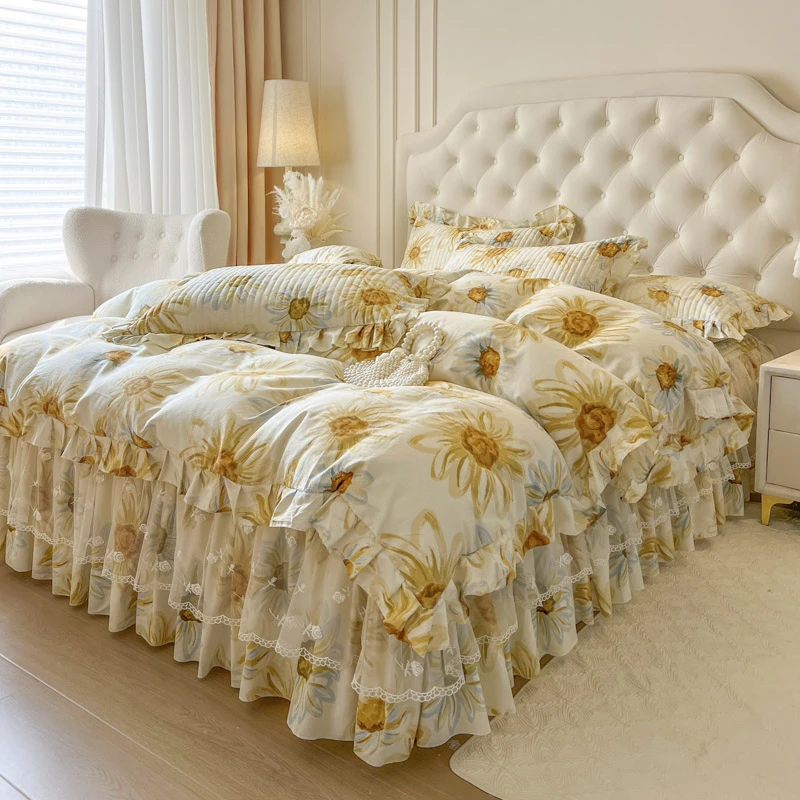 新款全棉床裙床笠二合一四件套夹棉加厚公主风防滑防尘床套可机洗