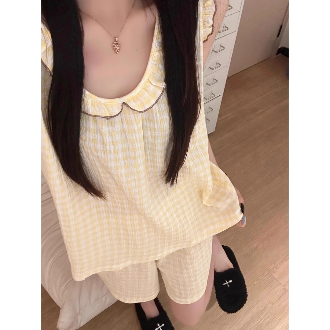 甜美少女黄色格纹吊带睡衣女夏季新款亲肤宽松背心短裤家居服套装