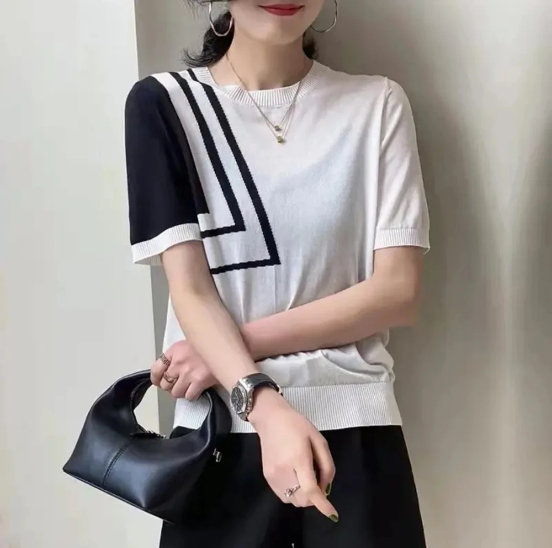 设计款菱形撞色短袖T