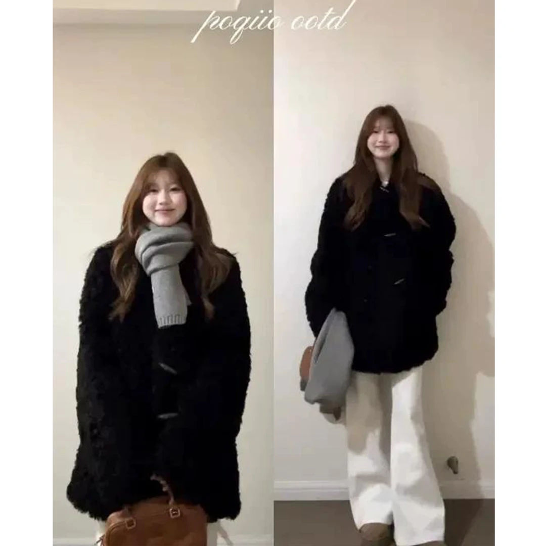 黑色牛角扣羊羔毛毛外套女冬季摇粒绒加绒巨好看冬装厚中长款大衣