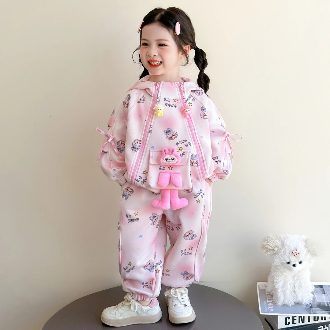 女童外套拉布布卫衣套装2025新款女宝宝春秋labubu连帽卫裤两件套