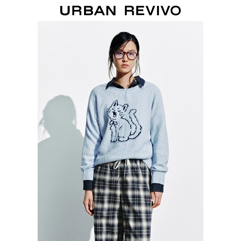 UR2025冬季新款女装休闲趣味猫咪图案宽松针织衫UYY950142