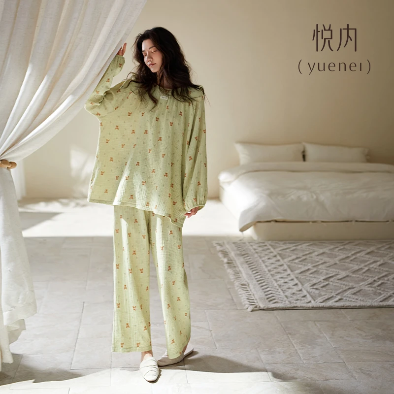 悦内睡衣女款春秋季秋款全棉纯棉纱布长袖家居服春装圆领套头薄款
