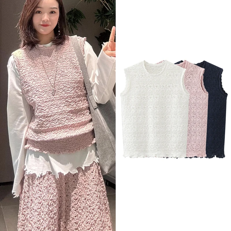 春季新款时尚简约复古镂空圆领纯色针织衫2026背心马甲女