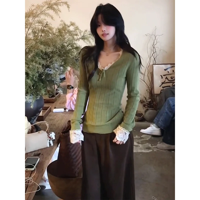 MARIE.COCO秋季新款韩系设计感蕾丝拼接针织衫上衣阔腿休闲裤套装