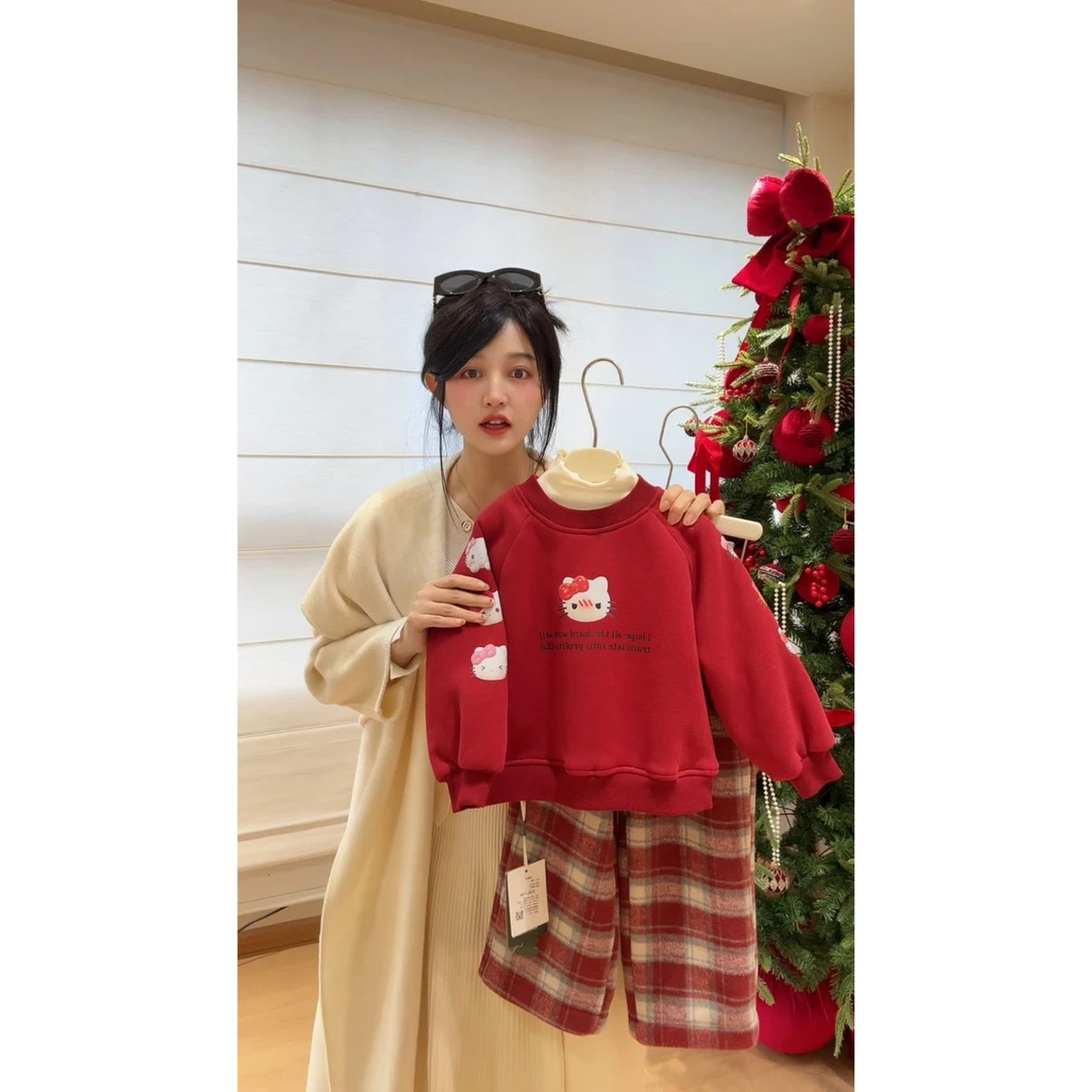 蜜糖花生·实穿系列年货Kitty加绒卫衣+呢料加绒格子裤 25370童装