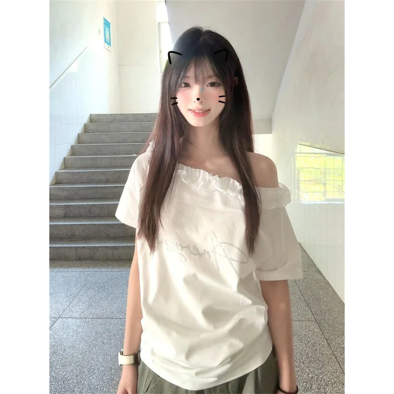 【ZHAP】花边领口斜肩露肩宽松短袖t恤女盐系韩版清新通勤风甜美风