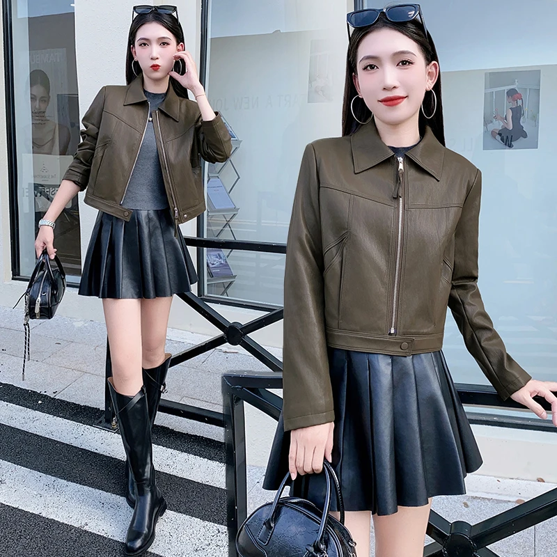 工装风朋克风秋季翻领拉链皮衣女2025春秋新款洋气时尚短外套潮流