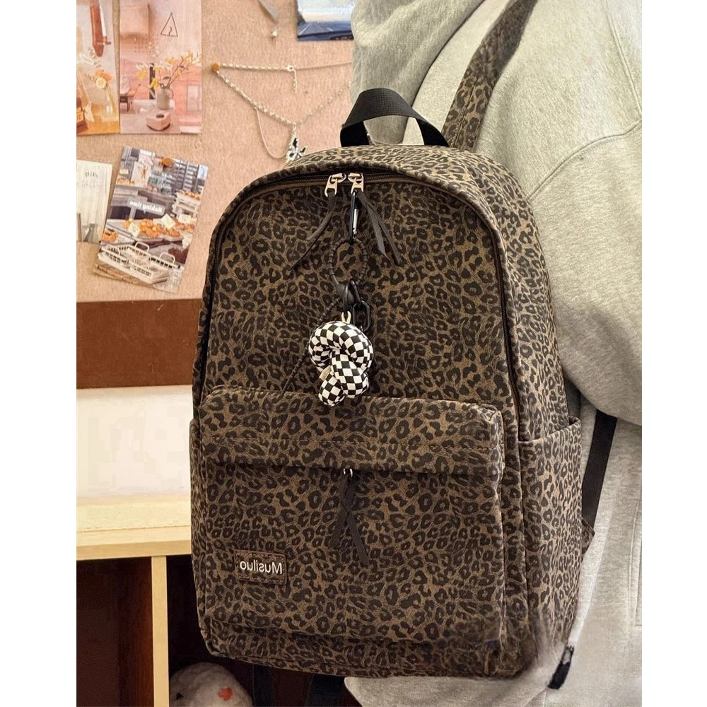 豹纹双肩包复古大容量韩版潮流设计书包女高中生小众休闲学生背包