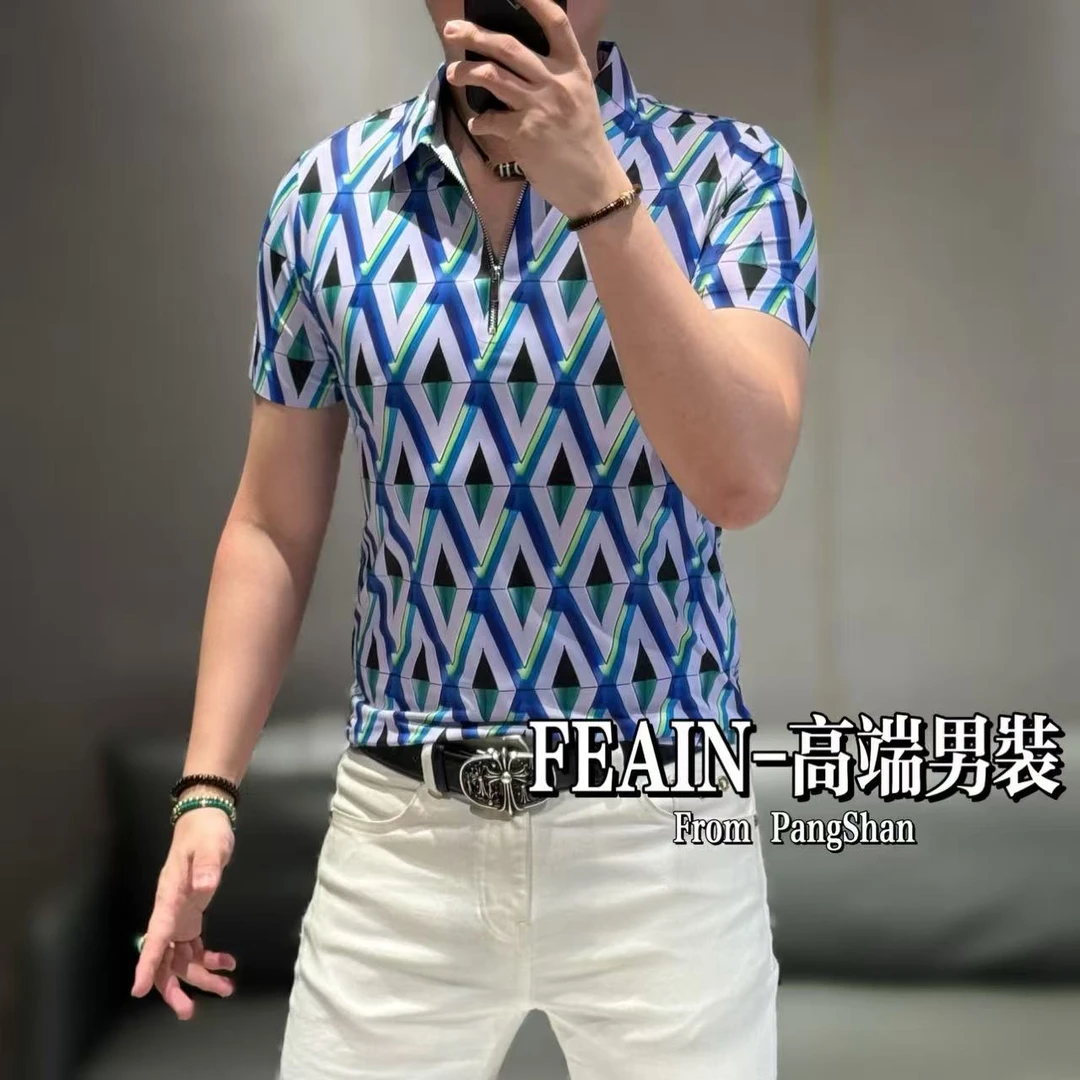 高端定制弹力莱卡3D立体菱形格半拉链短袖Polo1571