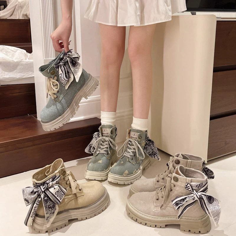 丝带马丁靴绑带女做旧新款复古透气夏季2024牛仔厚底破洞工装短